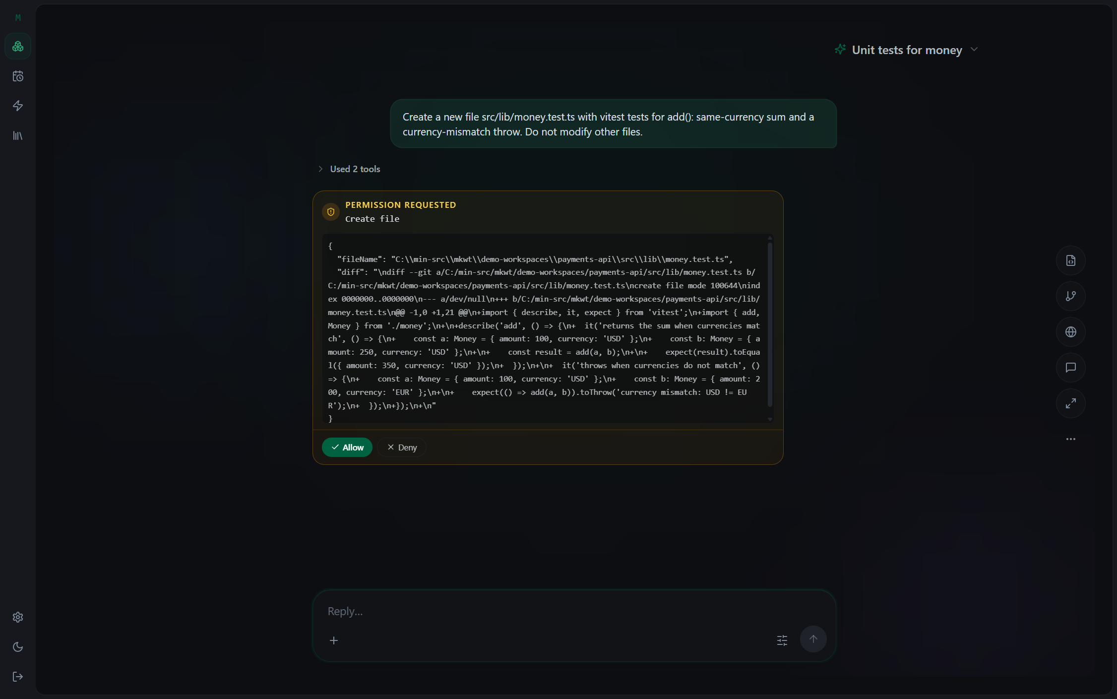 An agent pausing for a permission approval in-app