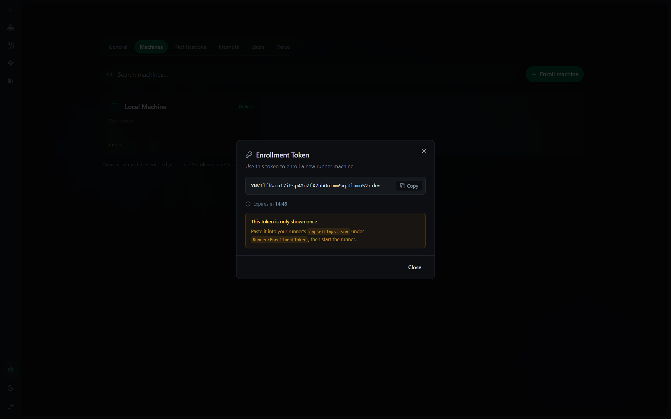 Enroll a remote runner machine with a one-time token