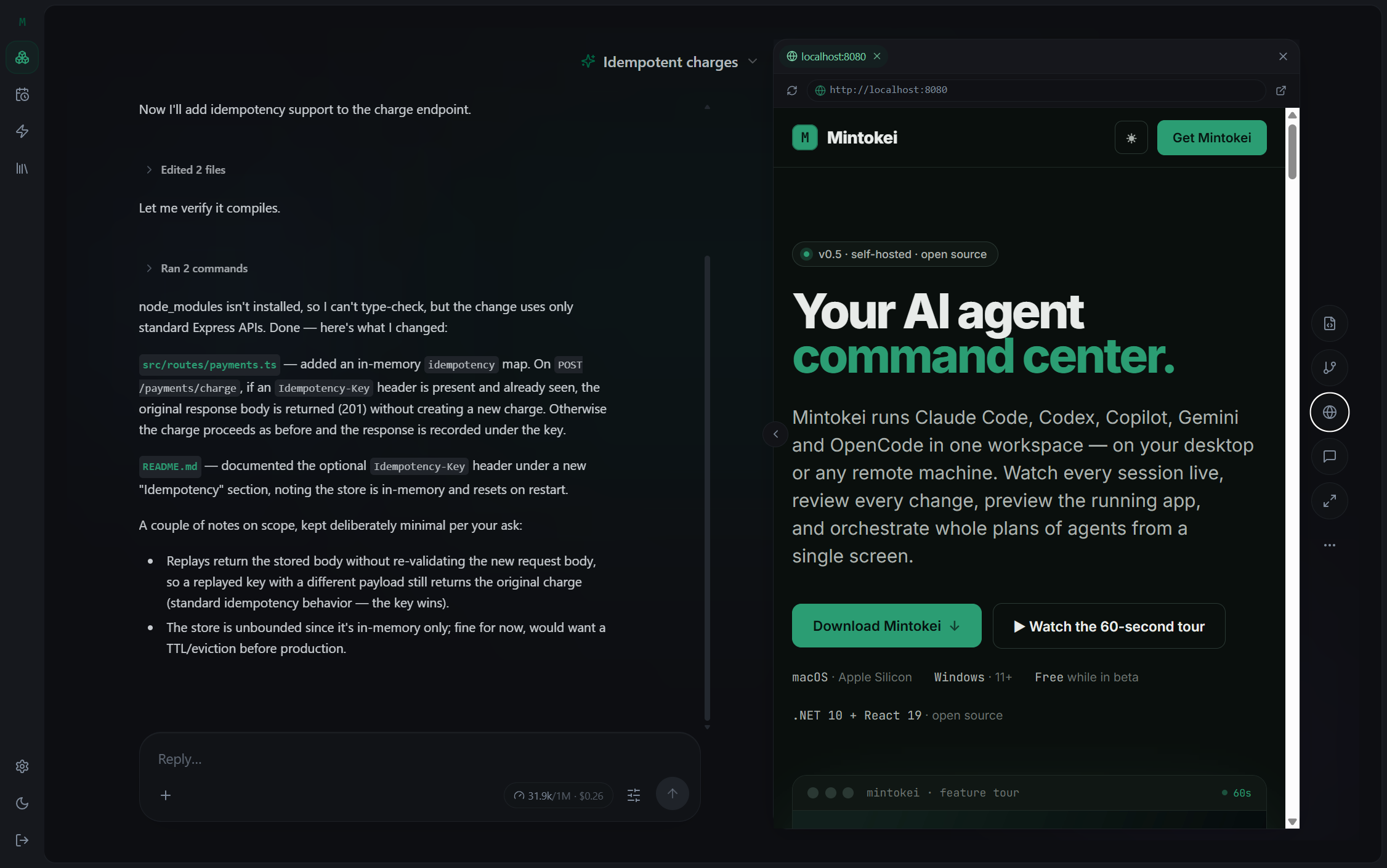 Live preview of a running web app, chat visible