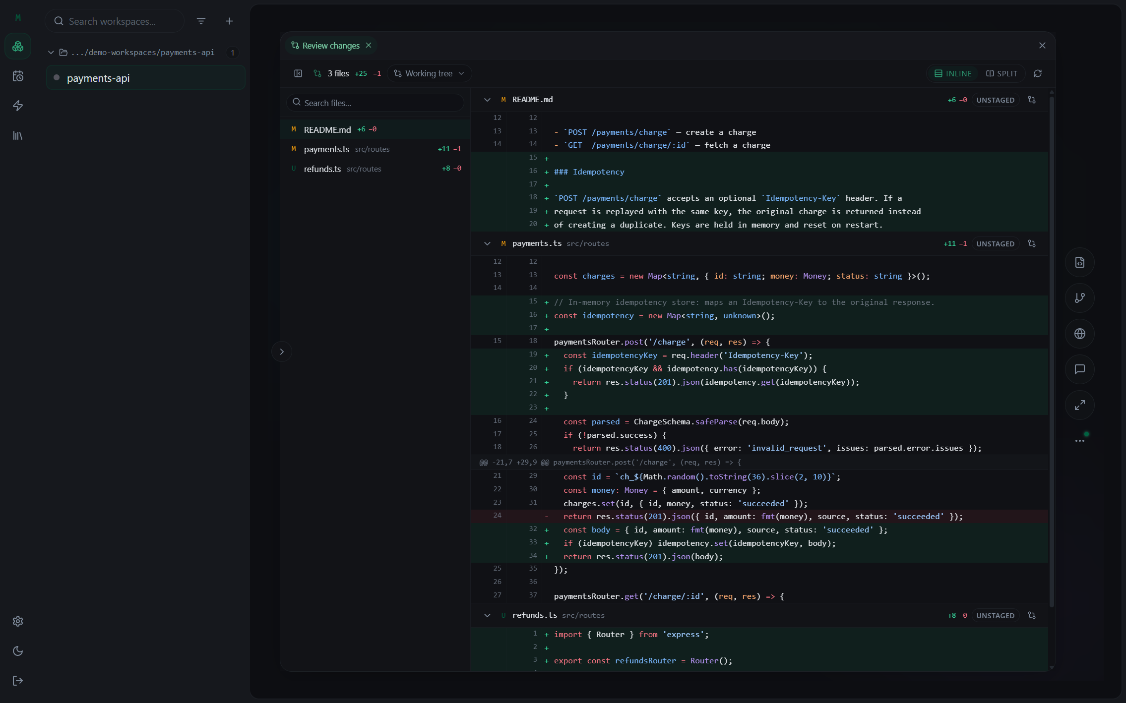 Reviewing an agent's diff across three files